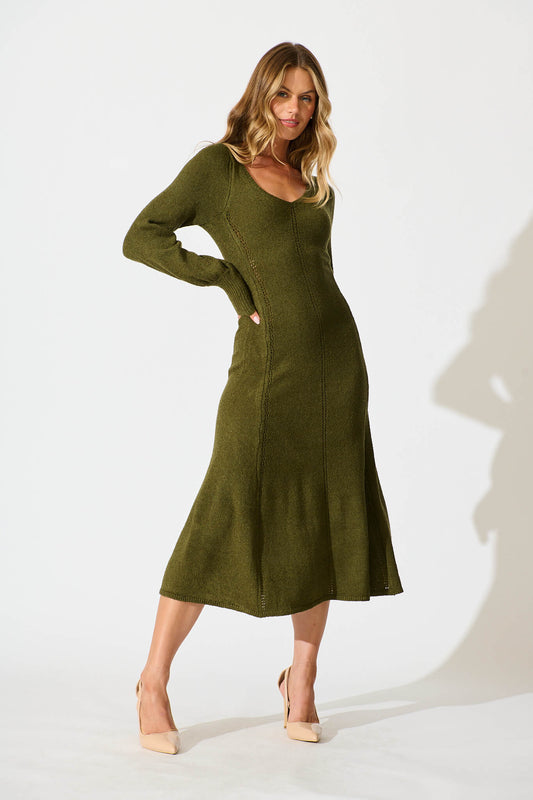 Gertie Midi Knit Dress In Khaki