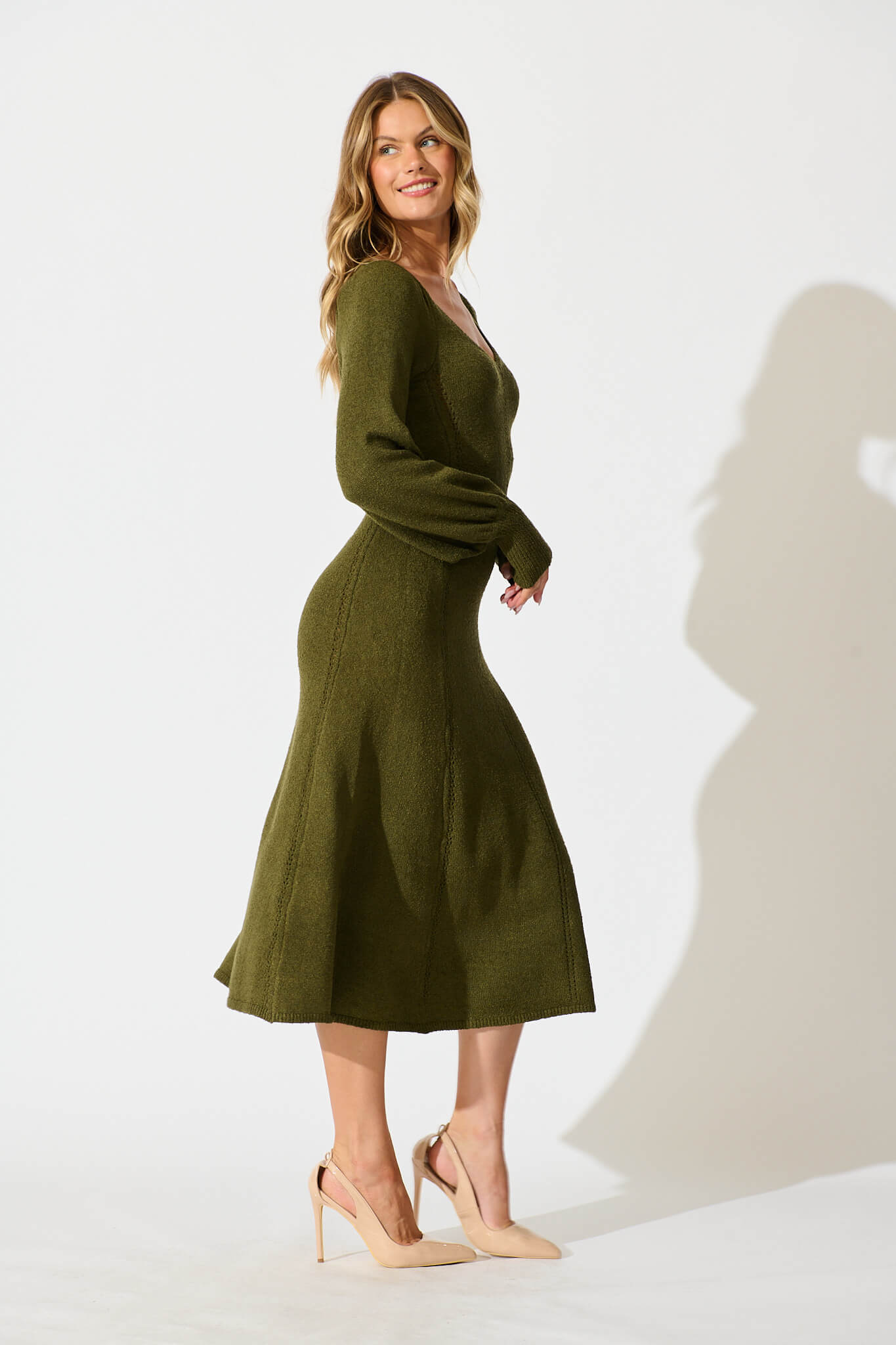 Gertie Midi Knit Dress In Khaki