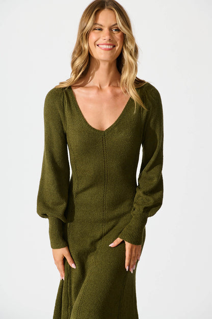 Gertie Midi Knit Dress In Khaki