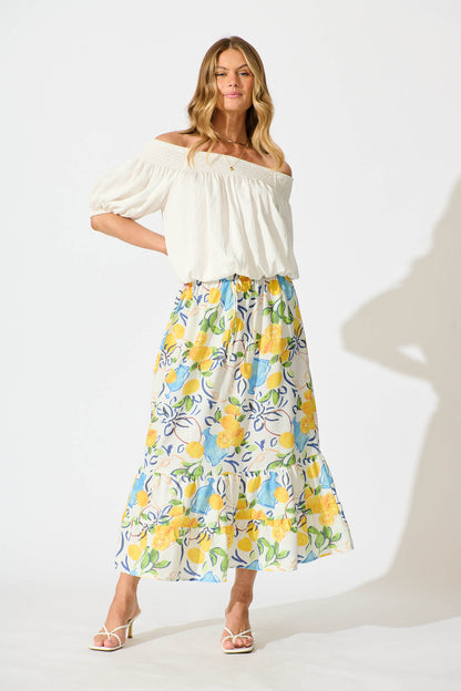 Amabella Midi Skirt in White With Lemon Print Cotton