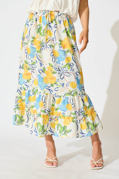 Amabella Midi Skirt in White With Lemon Print Cotton