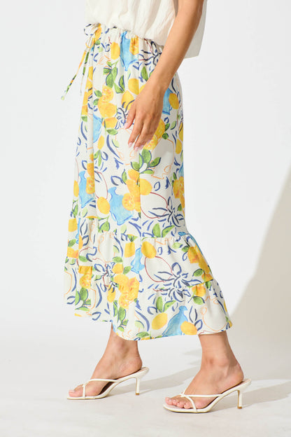 Amabella Midi Skirt in White With Lemon Print Cotton