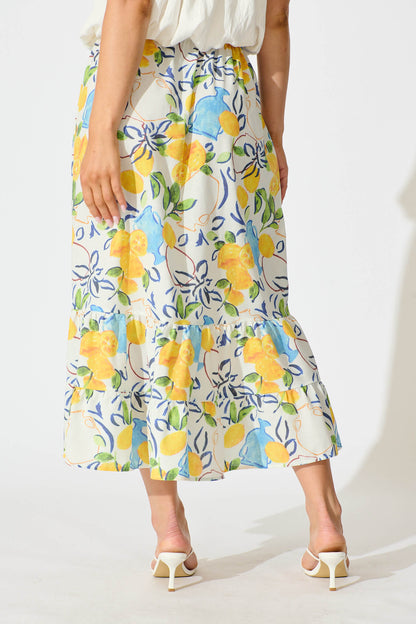 Amabella Midi Skirt in White With Lemon Print Cotton