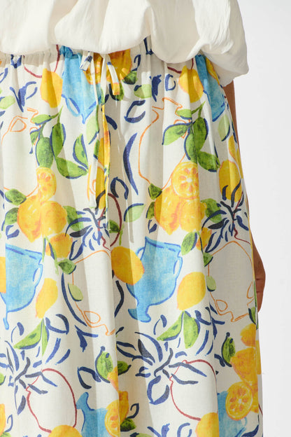 Amabella Midi Skirt in White With Lemon Print Cotton