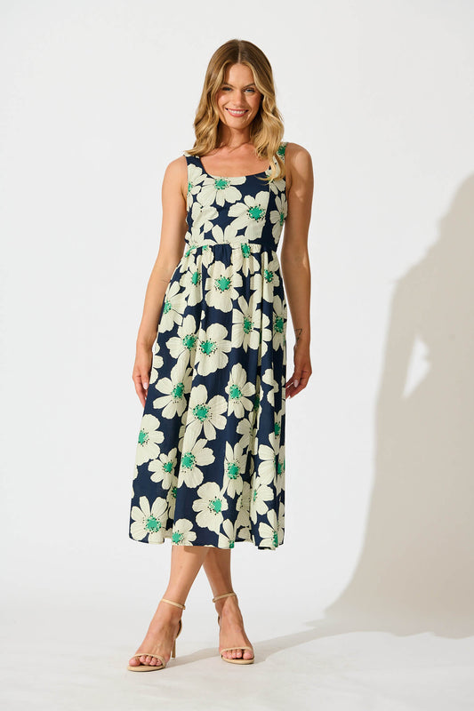 Moreno Midi Dress in Navy with White Flower Print Cotton