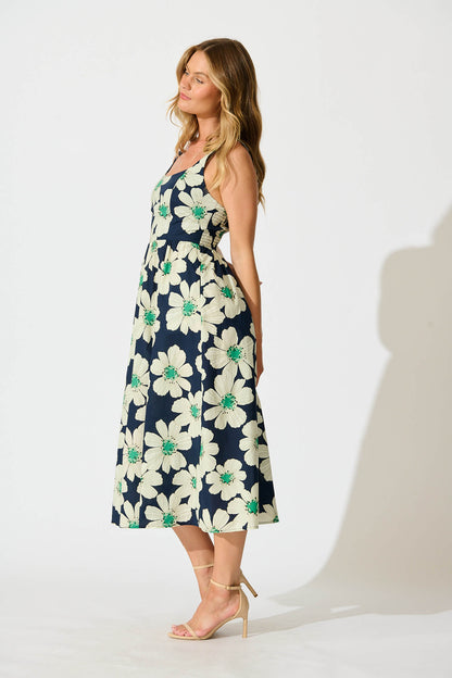Moreno Midi Dress in Navy with White Flower Print Cotton