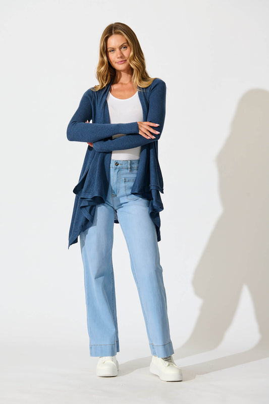 Donna Waterfall Knit Cardigan in Blue Wool Blend