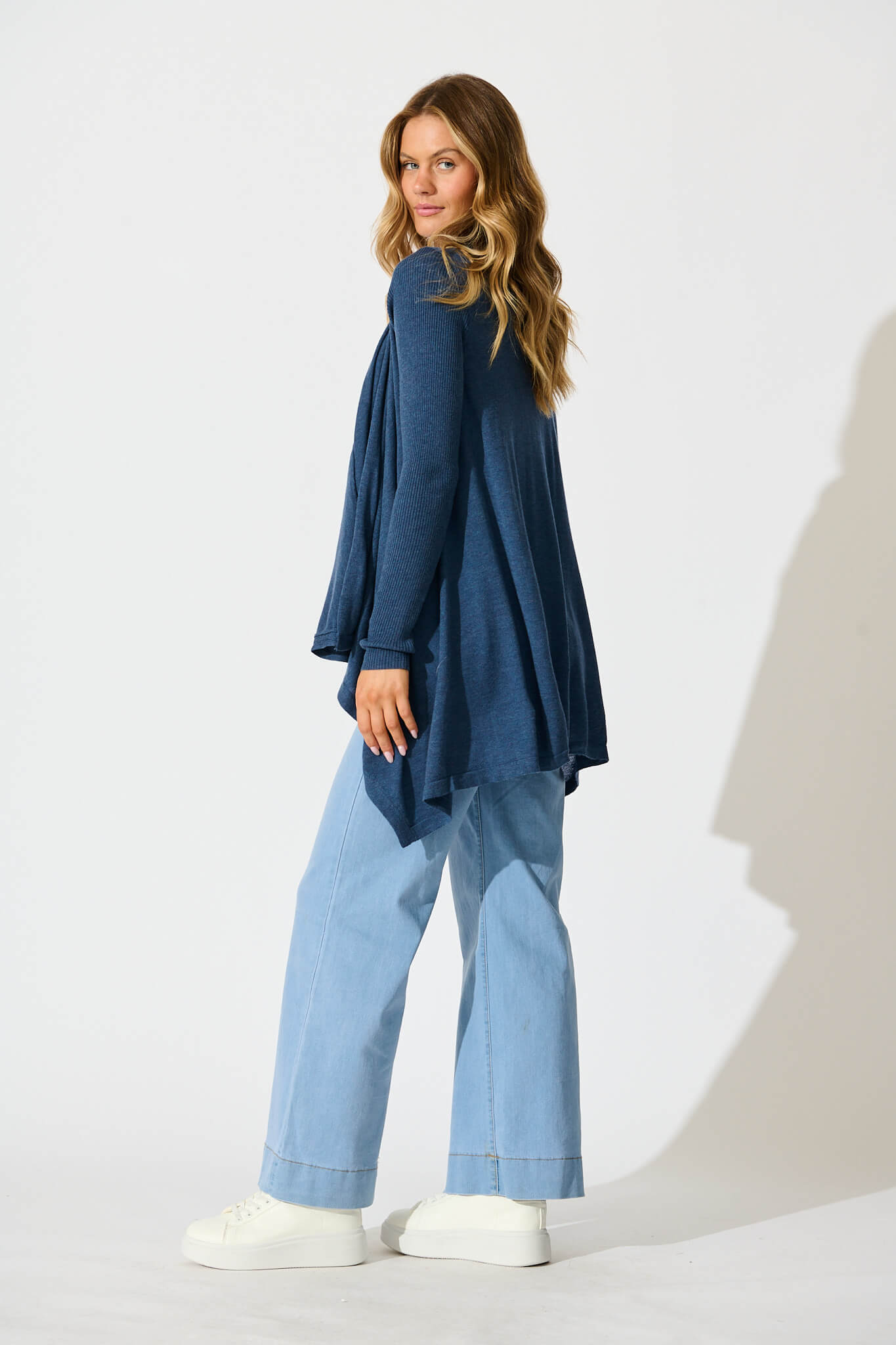 Donna Waterfall Knit Cardigan in Blue Wool Blend