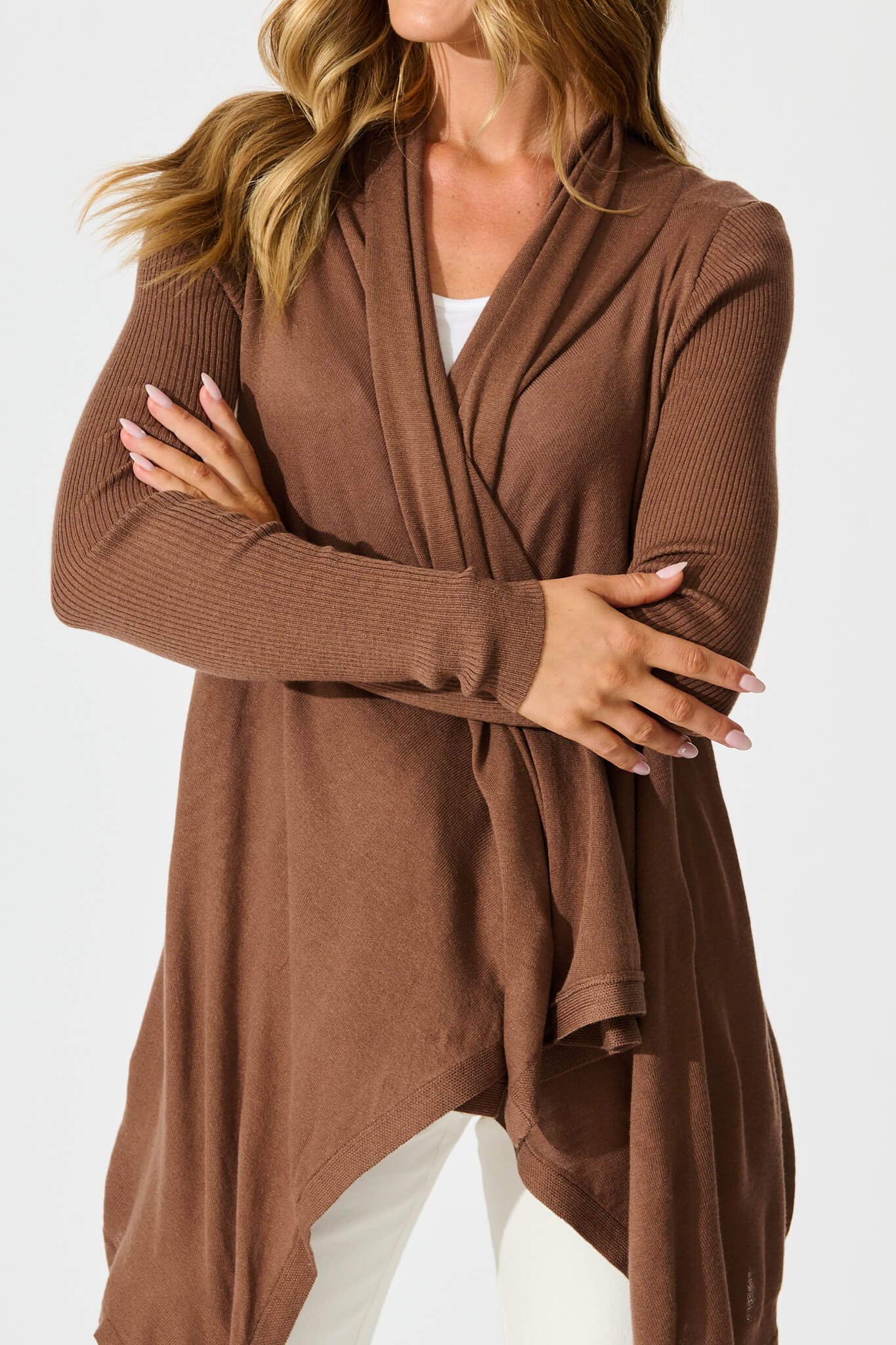 Donna Waterfall Knit Cardigan in Chocolate Wool Blend