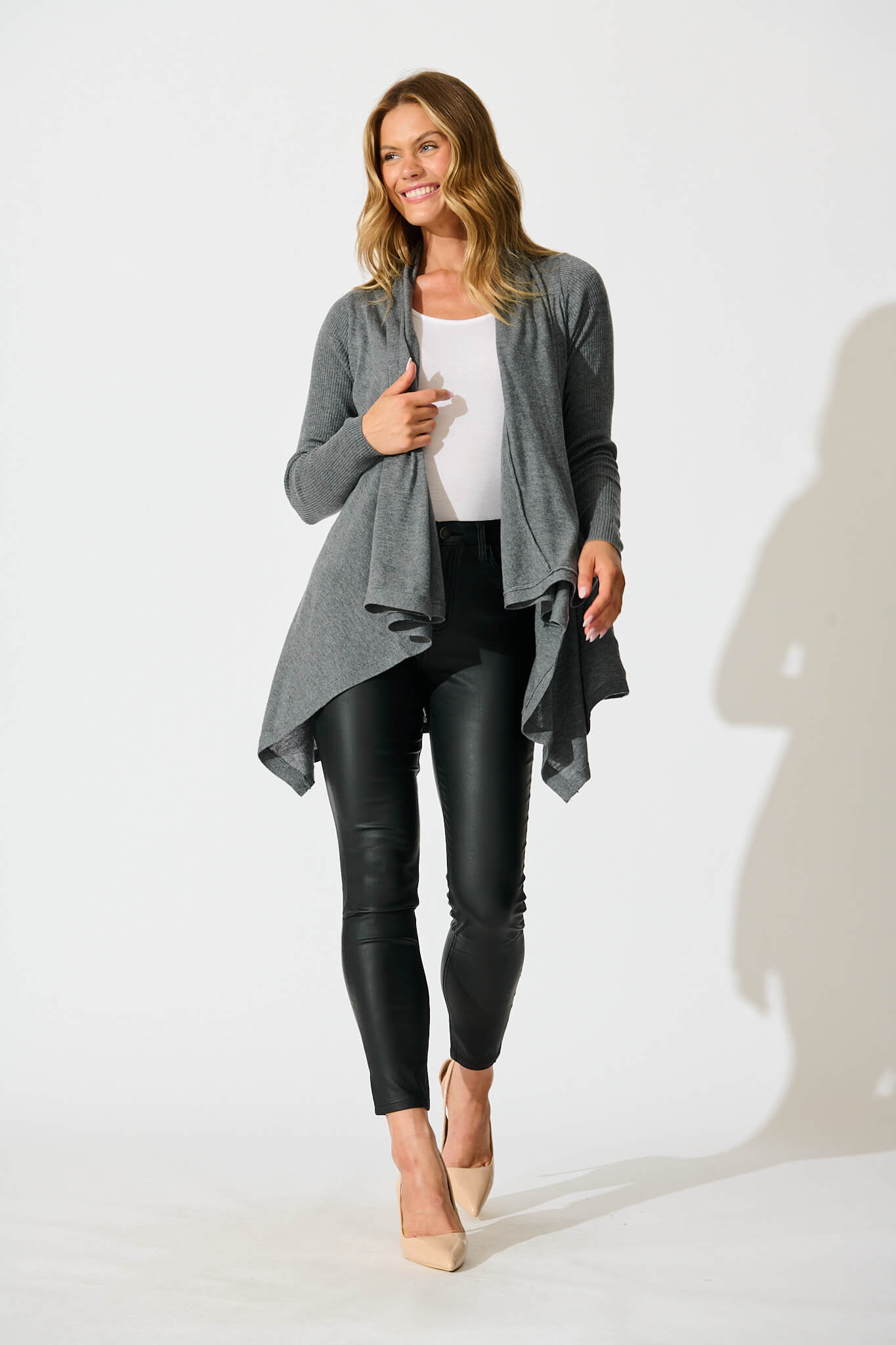 Donna Waterfall Knit Cardigan in Charcoal Wool Blend