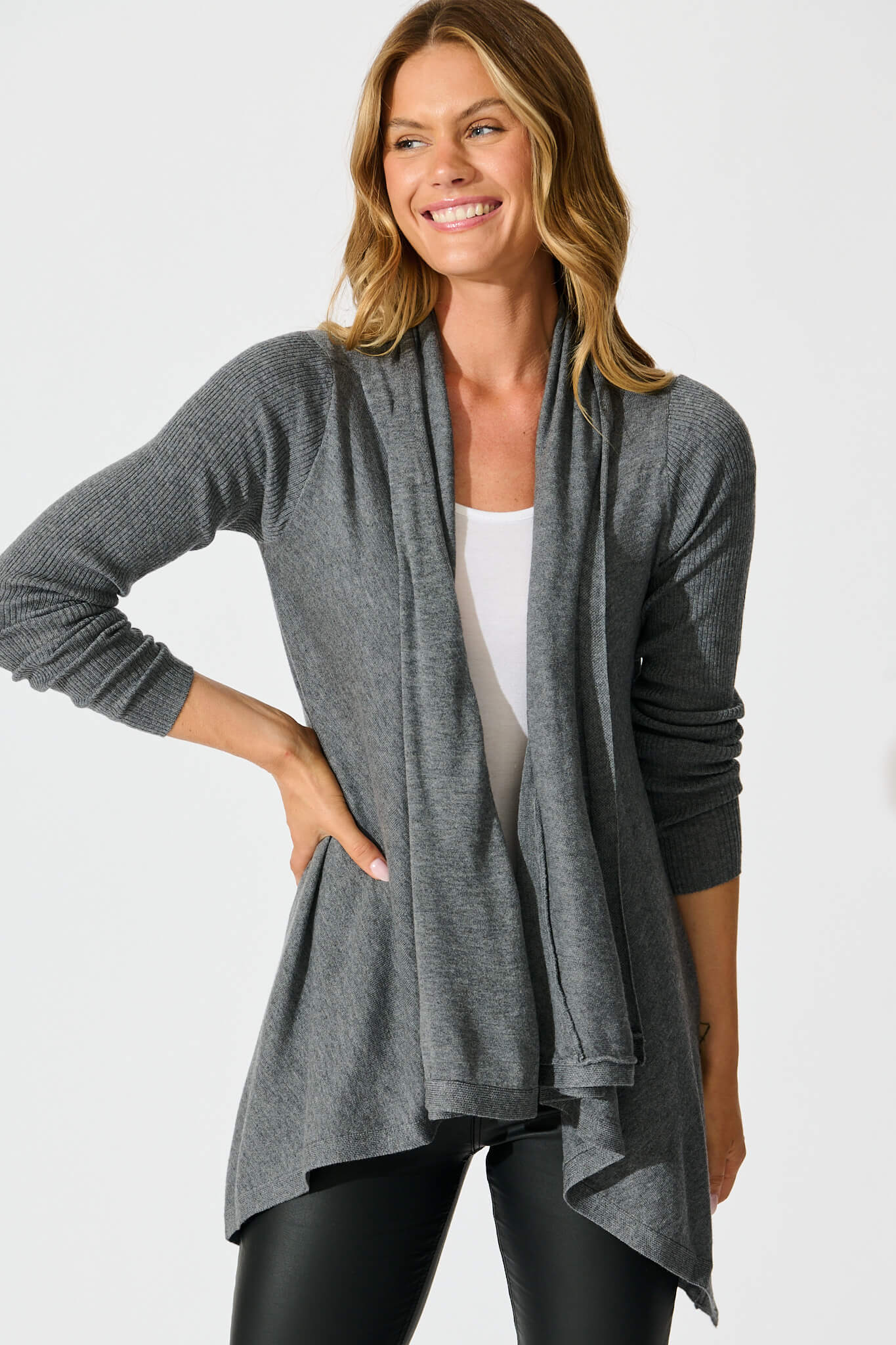 Donna Waterfall Knit Cardigan in Charcoal Wool Blend