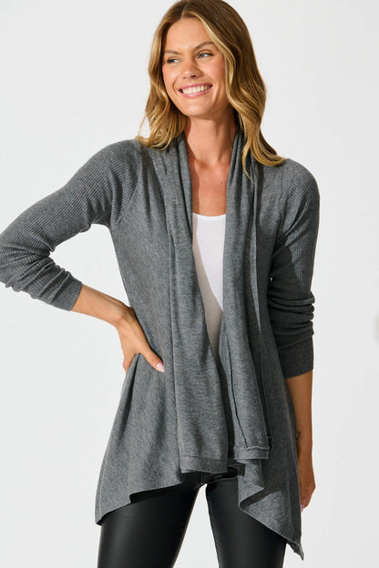 Donna Waterfall Knit Cardigan in Charcoal Wool Blend