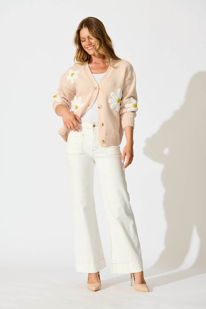 Allona Knit Cardigan in Beige With White Flowers Wool Blend