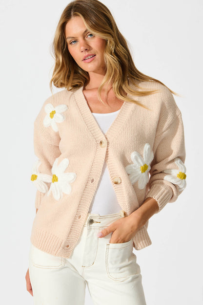 Allona Knit Cardigan in Beige With White Flowers Wool Blend