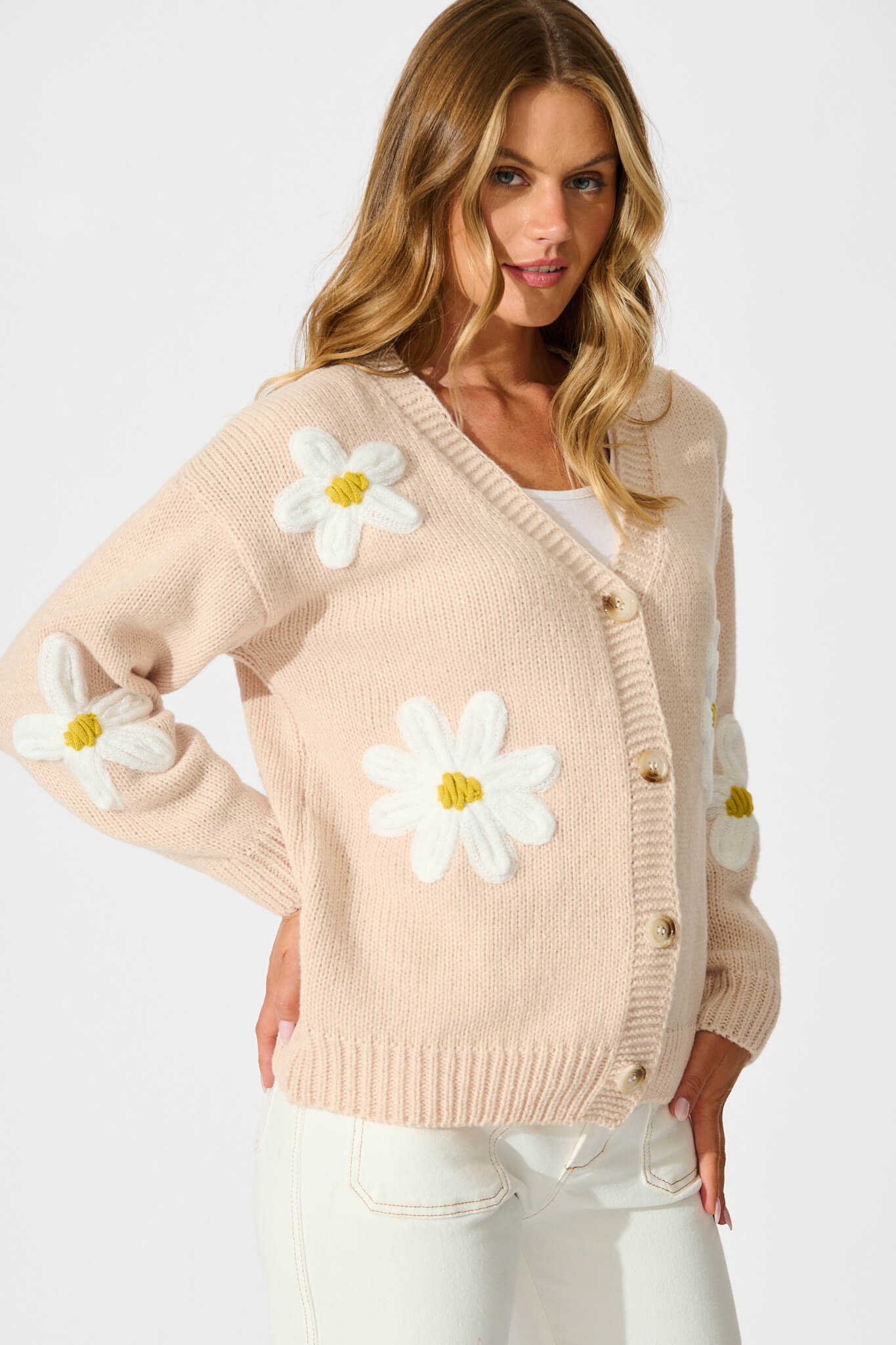 Allona Knit Cardigan in Beige With White Flowers Wool Blend