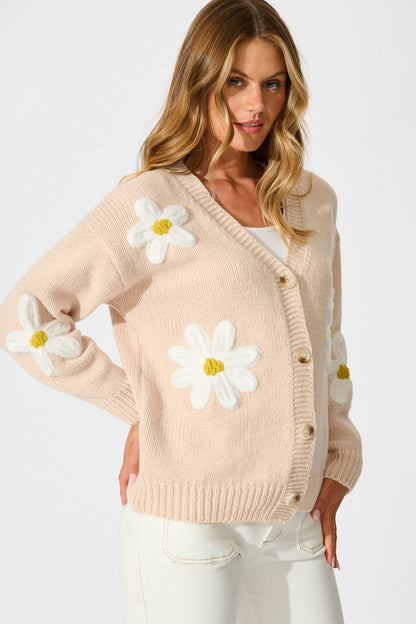 Allona Knit Cardigan in Beige With White Flowers Wool Blend