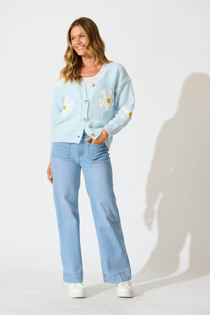 Allona Knit Cardigan in Blue With White Flowers Wool Blend