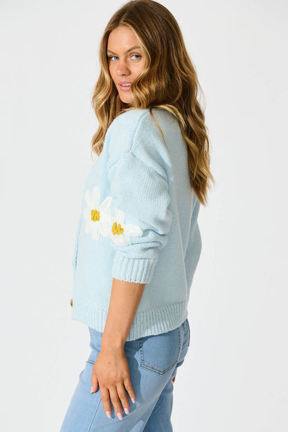 Allona Knit Cardigan in Blue With White Flowers Wool Blend