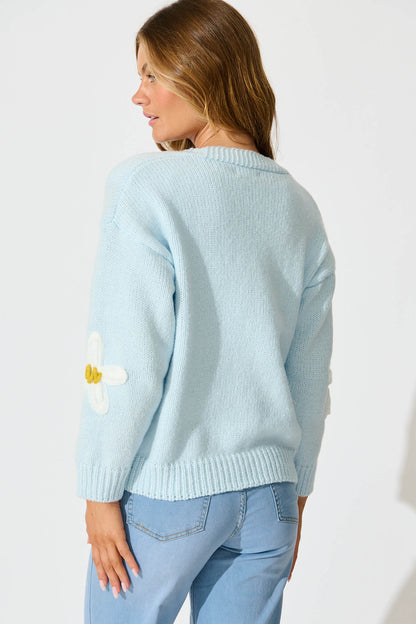 Allona Knit Cardigan in Blue With White Flowers Wool Blend