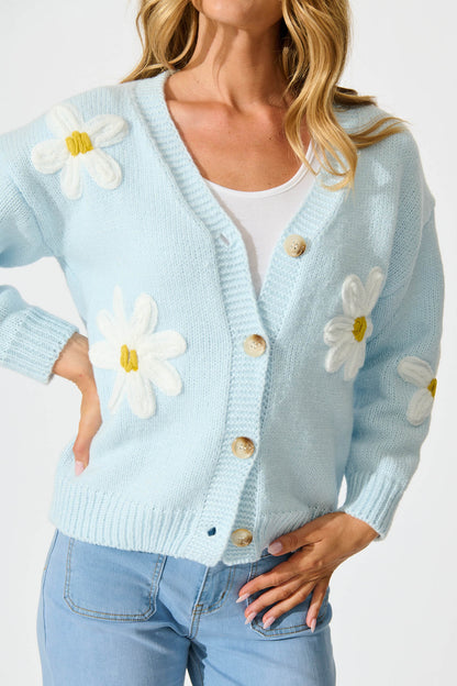 Allona Knit Cardigan in Blue With White Flowers Wool Blend