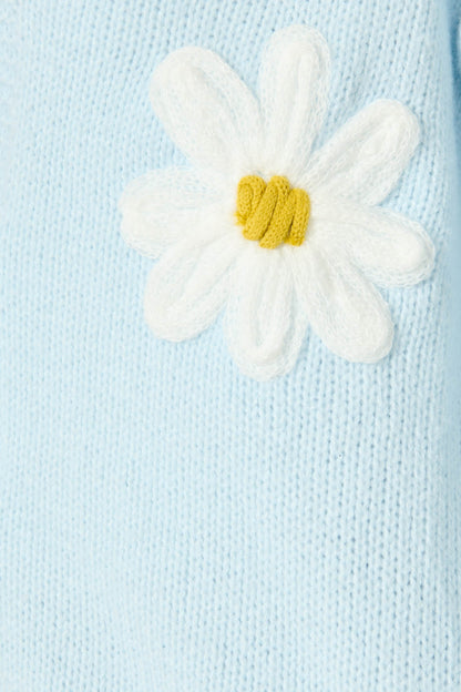 Allona Knit Cardigan in Blue With White Flowers Wool Blend