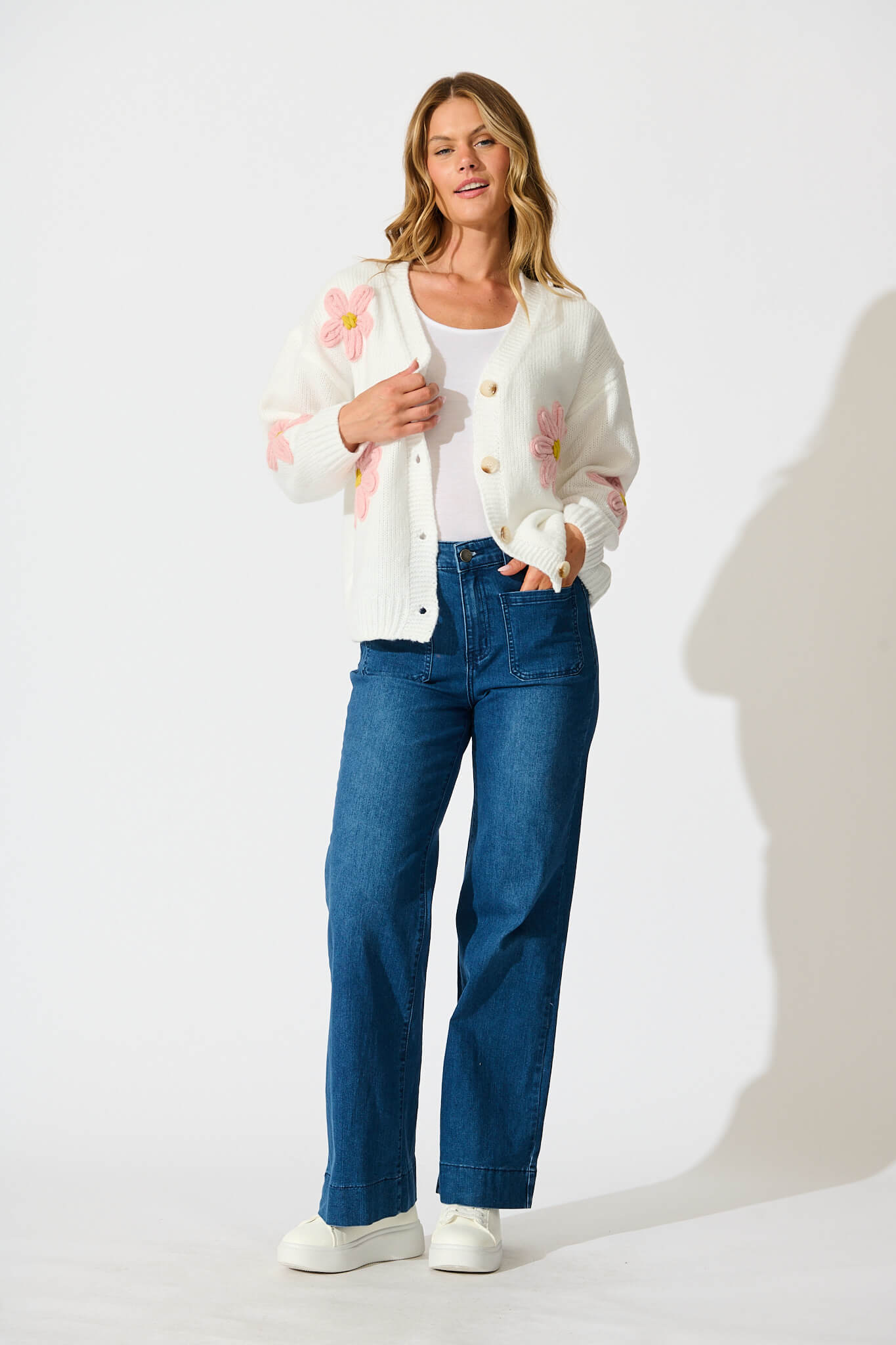 Allona Knit Cardigan In White With Pink Flowers Wool Blend