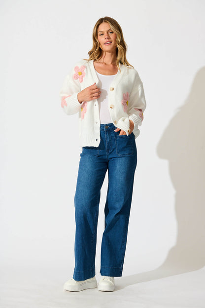 Allona Knit Cardigan In White With Pink Flowers Wool Blend