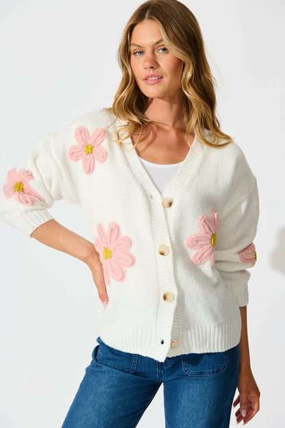 Allona Knit Cardigan In White With Pink Flowers Wool Blend