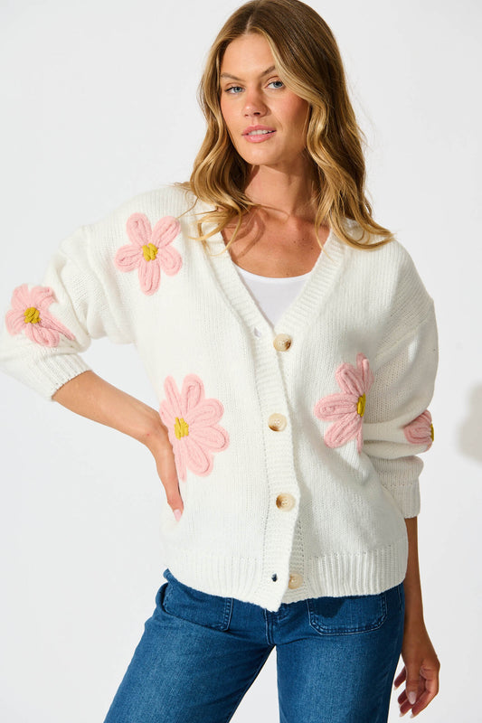 Allona Knit Cardigan In White With Pink Flowers Wool Blend