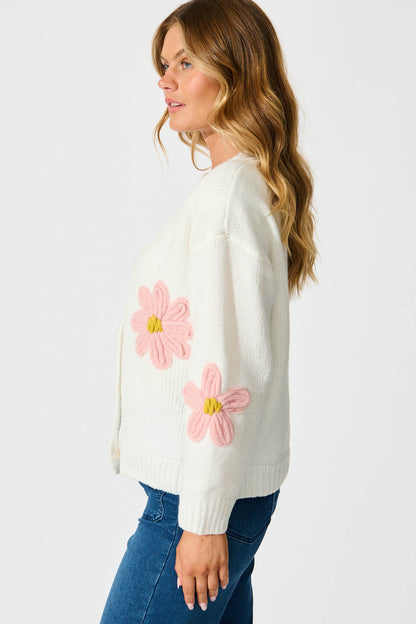 Allona Knit Cardigan In White With Pink Flowers Wool Blend