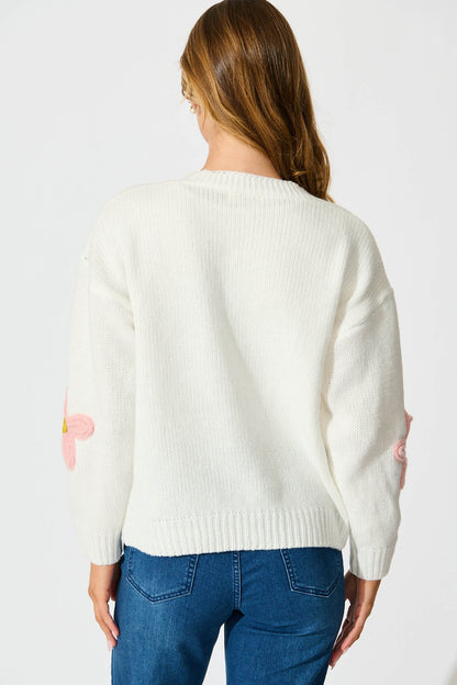 Allona Knit Cardigan In White With Pink Flowers Wool Blend