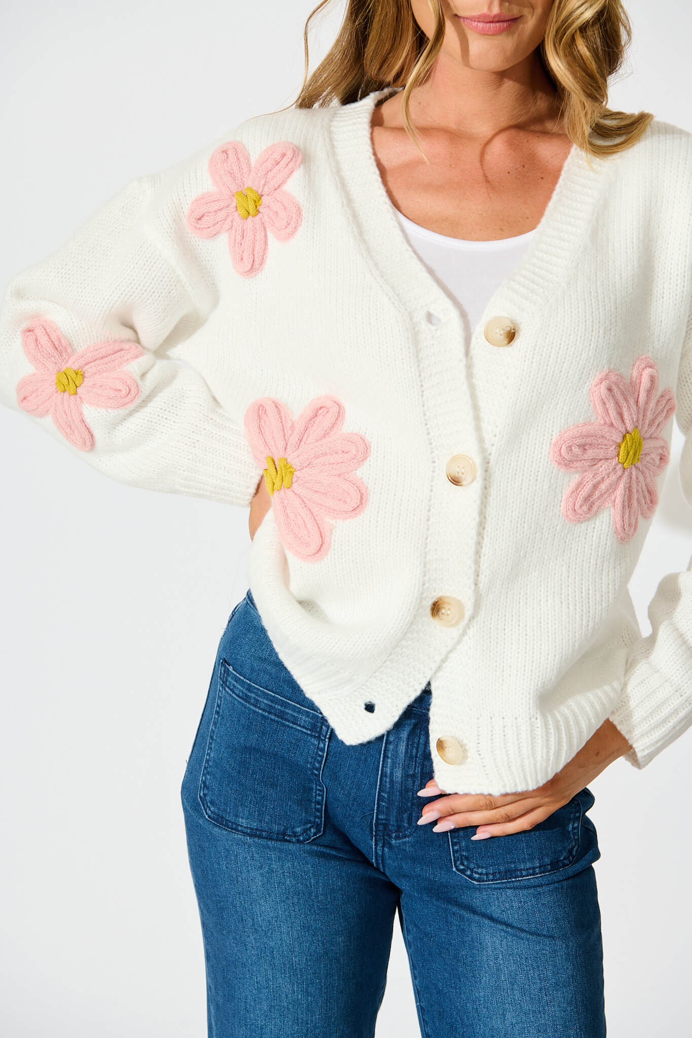 Allona Knit Cardigan In White With Pink Flowers Wool Blend