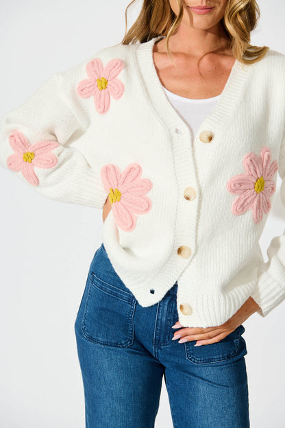 Allona Knit Cardigan In White With Pink Flowers Wool Blend