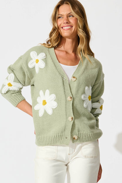 Allona Knit Cardigan in Sage With White Flowers Wool Blend