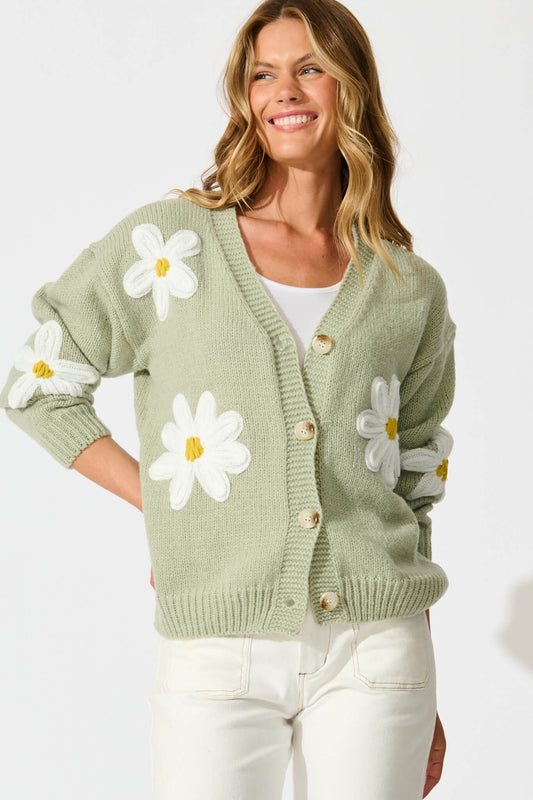 Allona Knit Cardigan in Sage With White Flowers Wool Blend