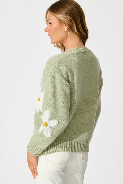 Allona Knit Cardigan in Sage With White Flowers Wool Blend