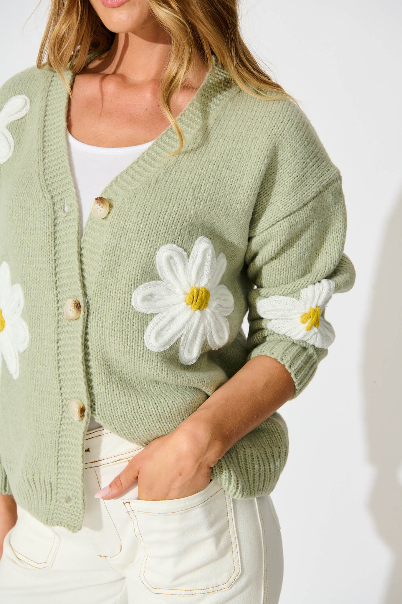 Allona Knit Cardigan in Sage With White Flowers Wool Blend