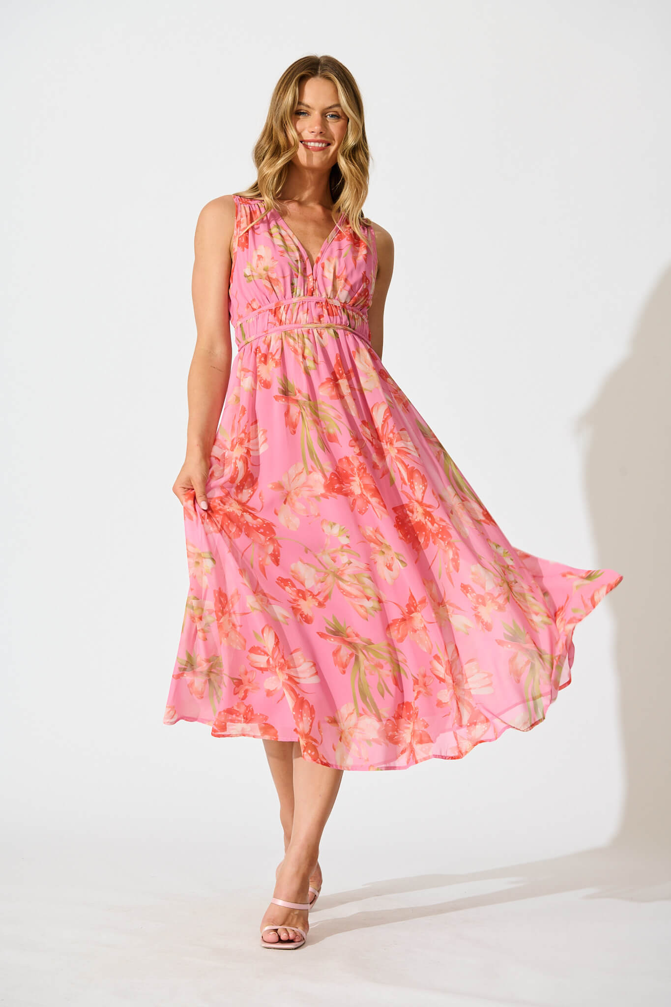 Solena Maxi Dress In Pink with Red Floral Chiffon