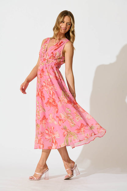 Solena Maxi Dress In Pink with Red Floral Chiffon
