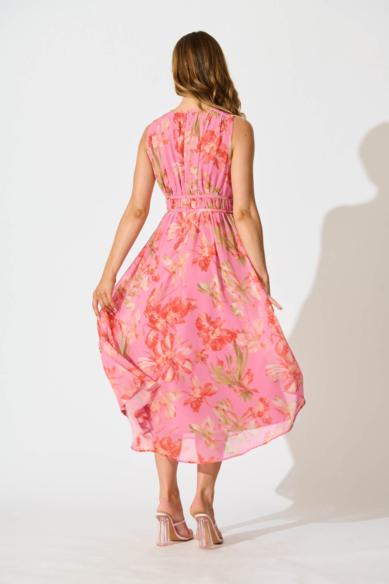 Solena Maxi Dress In Pink with Red Floral Chiffon