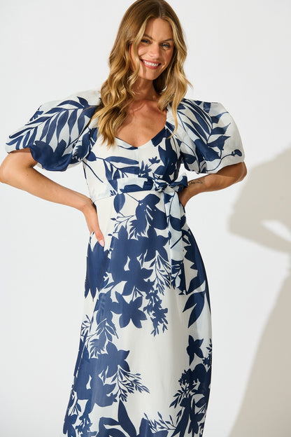 Tuscany Maxi Dress in Navy with White Print