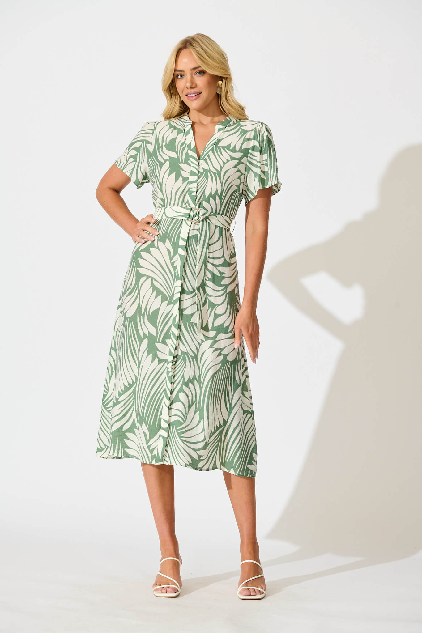 Penelope Midi Shirt Dress in Green with Cream Leaf