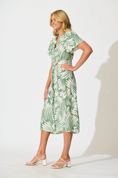Penelope Midi Shirt Dress in Green with Cream Leaf