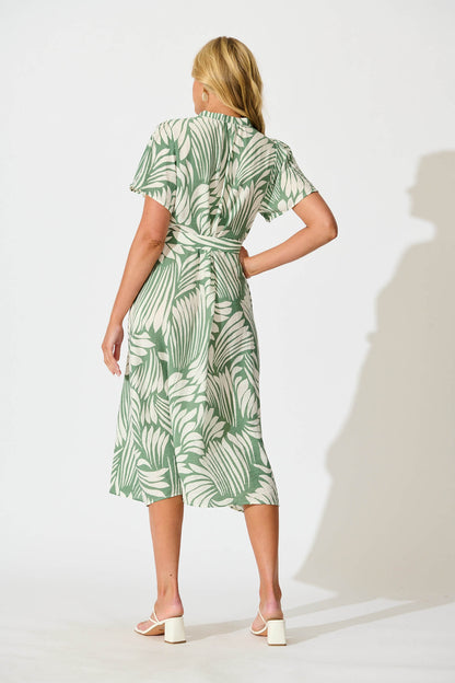Penelope Midi Shirt Dress in Green with Cream Leaf