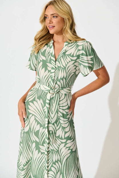 Penelope Midi Shirt Dress in Green with Cream Leaf