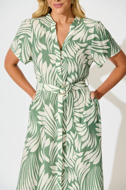 Penelope Midi Shirt Dress in Green with Cream Leaf