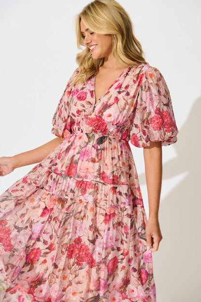 Amalie Midi Dress In Vintage Blush Floral Print