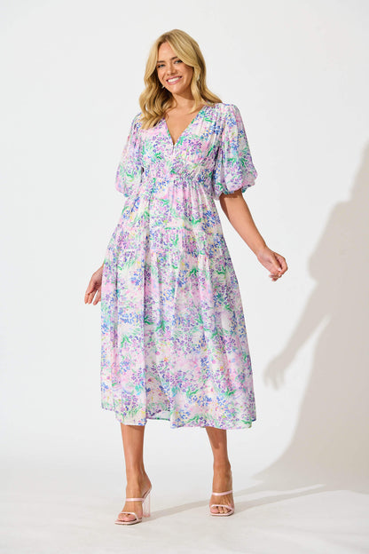 Amalie Midi Dress In Purple Floral Print