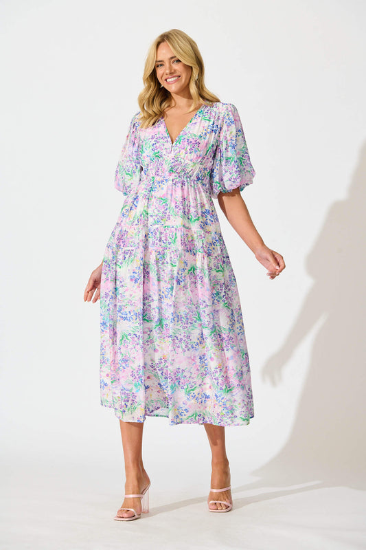 Amalie Midi Dress In Purple Floral Print
