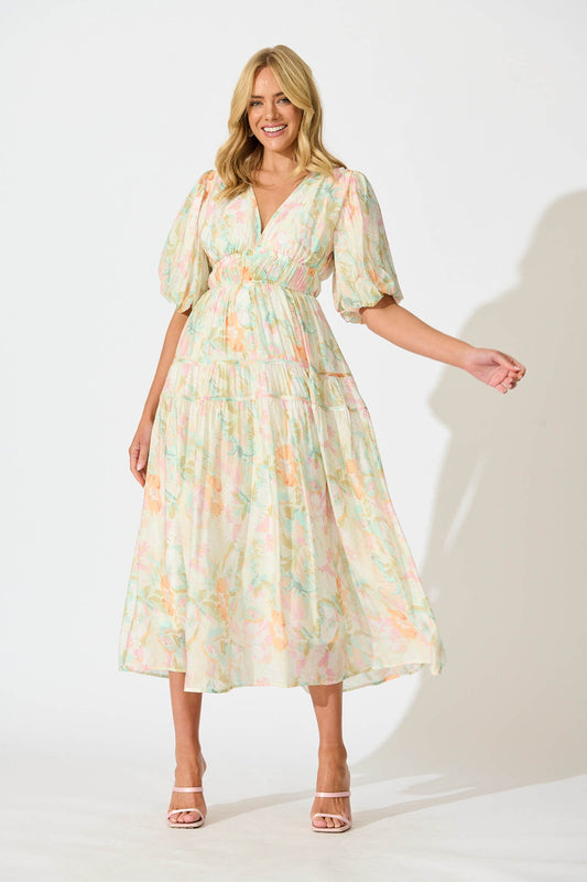 Amalie Midi Dress In White with Pastel Multi Floral